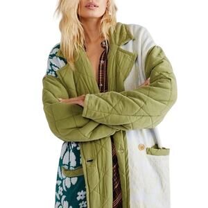 Free People Quilted Olive and Patterned Ivory Trench Coat